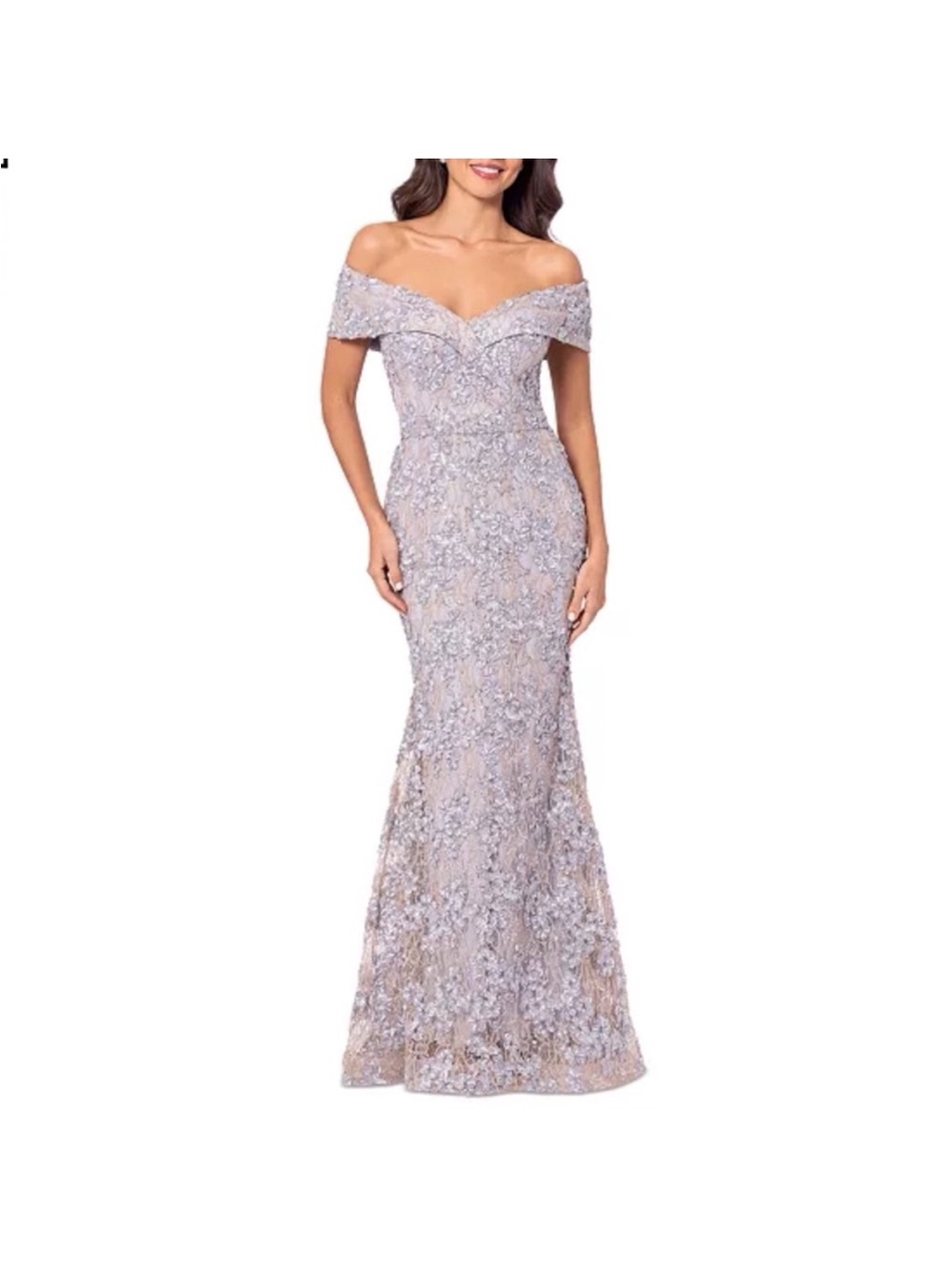 XSCAPE Lace off the Shoulder Silver/Gold Evening Gown Size 8   NWT